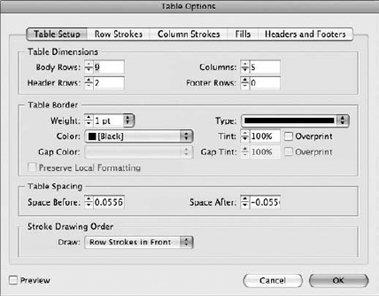 The Table Options dialog box is divided into several different panels for controlling the table settings, the row and column strokes, the background fills, and the headers and footers.