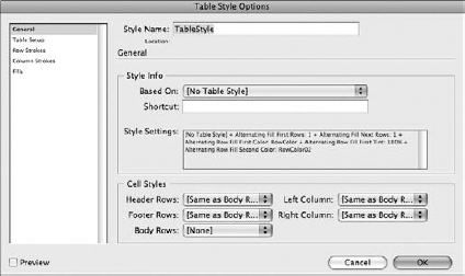 The Table Style Options dialog box includes settings for defining the look of the entire table.