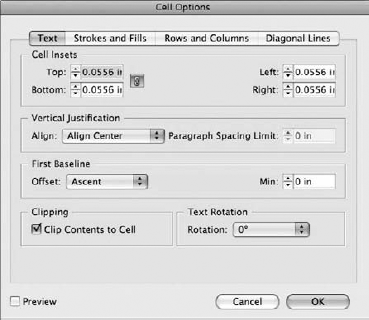 The Cell Options dialog box is divided into several different panels for controlling the cell's alignment, strokes and fills, and cell dimensions, as well as for adding diagonal lines.