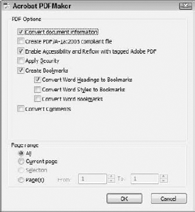 Click Options in the Save Adobe PDF File As dialog box to open the Acrobat PDFMaker dialog box.
