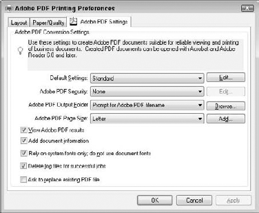 The Adobe PDF Printing Preferences dialog box