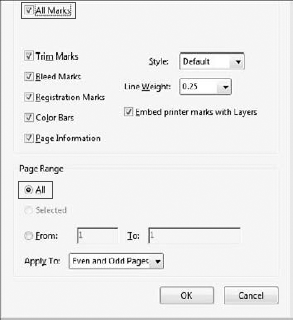 Select the check boxes for the marks you want to appear in the printed document, and select the All option in the Page Range section when printing multiple pages.