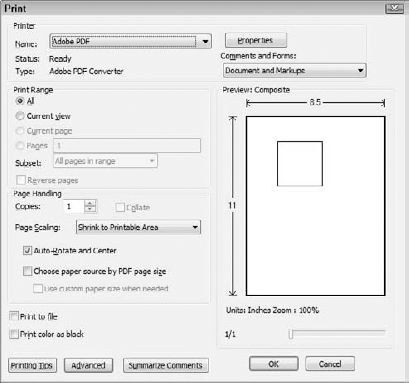 In the Print dialog box, you make choices for the printer driver by selecting options from the Name (Windows) pull-down menu.