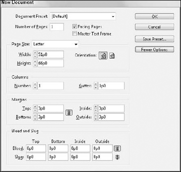 The New Document dialog box includes settings for initial layout.