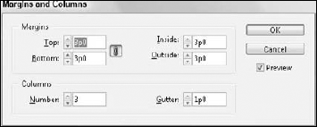 The Margins and Columns dialog box changes only the current page or spread.