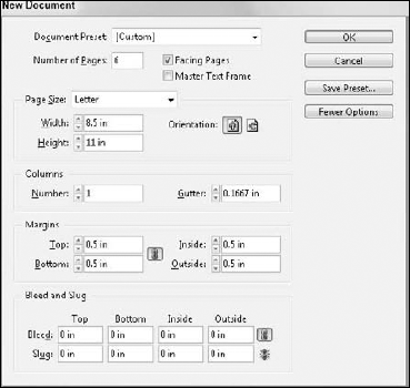 The New Document dialog box includes many initial settings for creating a layout document.