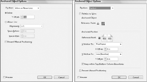 The Anchored Object Options dialog box includes different settings for setting the object's position.
