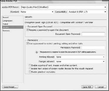 Apply security settings in the Save Adobe PDF dialog box.