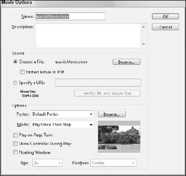 The Movie Options dialog box defines which movie file plays and when it plays.