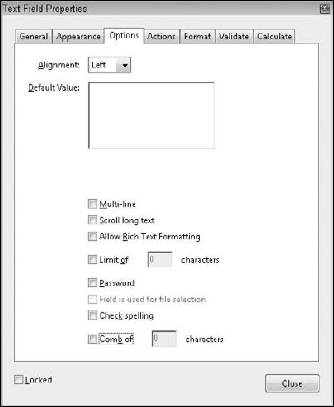 The Options settings in the Text Field Properties dialog box
