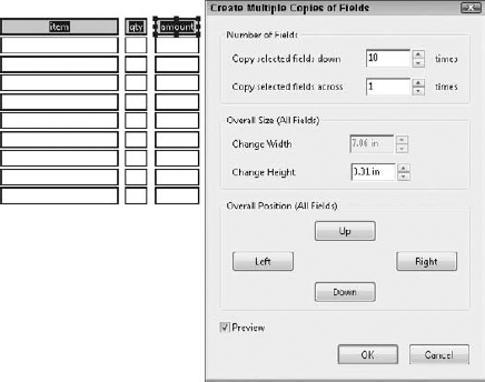 To create a table array, select a row or column of fields and open a context menu. Select Place Multiple Fields, and make selections in the Create Multiple Copies of Fields dialog box for the number of rows or columns to be duplicated.
