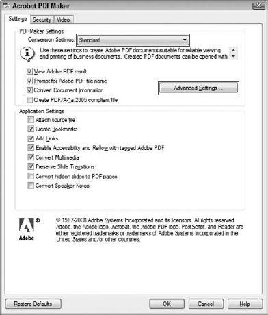 The Adobe PDFMaker dialog box offers options for creating a PDF.