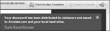 The buttons for checking for new comments and publishing comments available with network folders are identical when engaging in reviews on Acrobat.com.