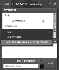 Click a name in the Attendee pod, and a pop-up menu provides options for changing the role of the participant.