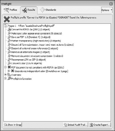 After choosing Analyze and fix, the Preflight window lists the fixes applied to the file.