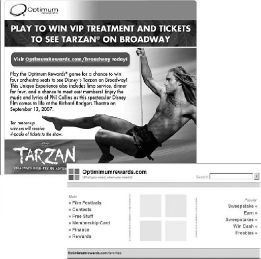 This email (top) promotes a sweepstakes, which links to a rewards microsite (bottom) with a different logo and nine other choices that could distract the reader.