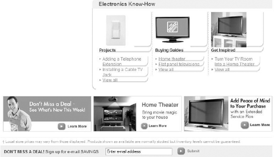 The Home Depot site includes an email opt-in box on every page.