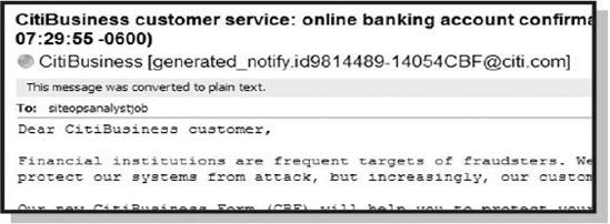 Spoofed email purporting to be from CitiBusiness