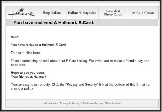 Spoofed email purporting to be from Hallmark