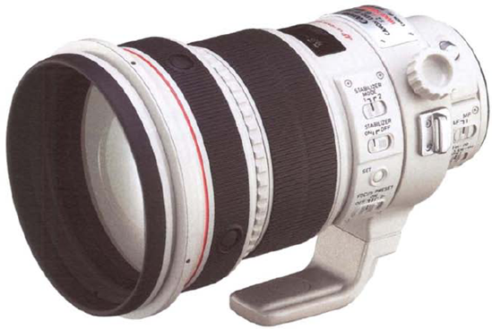 A lens with a large maximum aperture lets in more light so you can use a faster shutter speed in any situation. This 200mm lens has a maximum aperture off/2.8. Notice the large diameter of the front glass element.