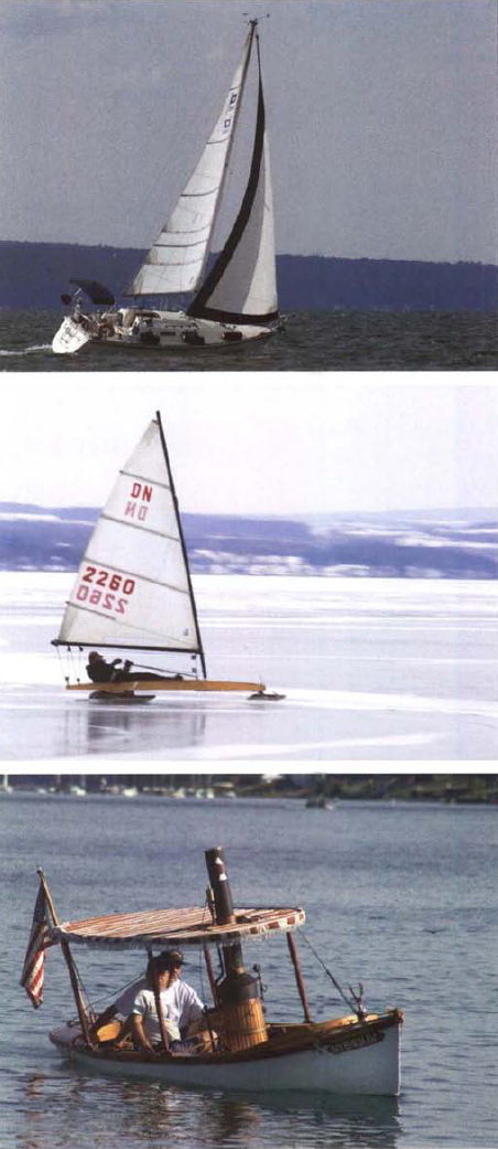 Give a twist to one of the three photos in a triptych. Here, the theme of different types of boats includes two floating in water and one that sails over ice.