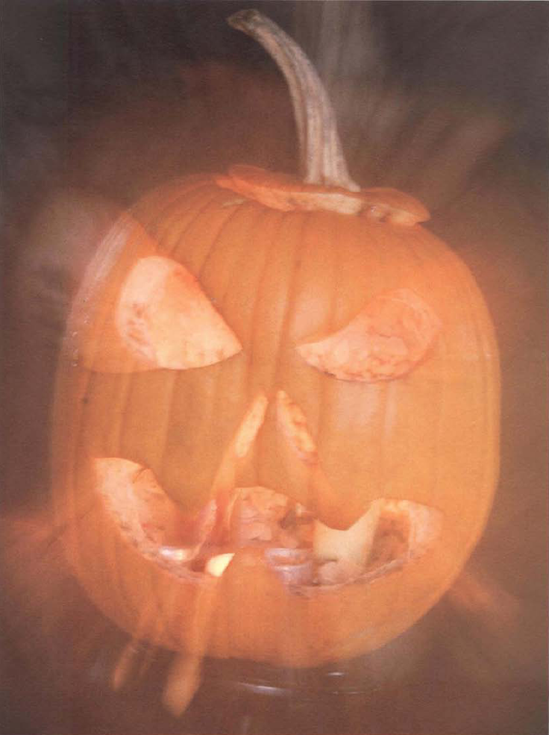 Not all subjects work well for the zooming technique, but it seems appropriate for this jack-o-lantern. Shutter speed I second with the camera mounted on a tripod, Exposure at 1 second, f/14.