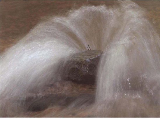 Nature often lends itself to slow shutter speed techniques. A shutter speed of 1/8 second revealed the water fanning around this rock. Exposure at 1/8 second, f/14.