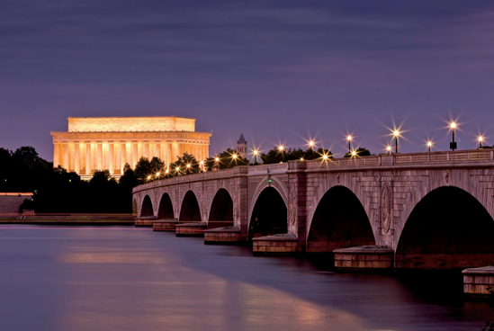 Arlington Memorial Bridge photographed from the Virginia side at dusk (see A on the map). Taken at ISO 100, f/16, 30 seconds with a 150mm lens mounted on a tripod.