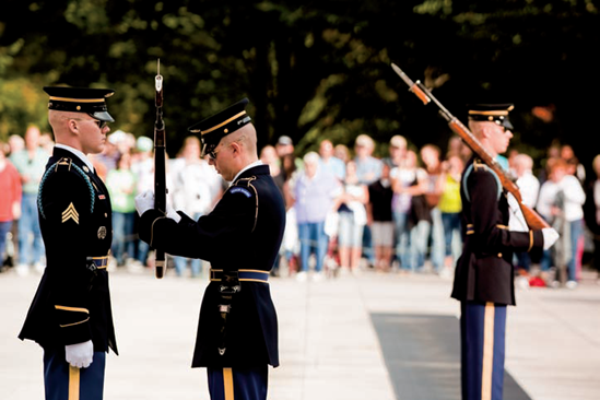 The Changing of the Guard at the Tomb of the Unknown Soldier (see A on the map). Taken at ISO 500, f/4, 1/1250 second with a 215mm lens.