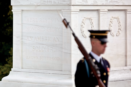 The Tomb of the Unknown Soldier at Arlington National Cemetery (see A on the map). Taken at ISO 200, f/4, 1/500 second with a 200mm lens.