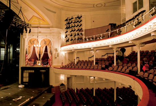 A wide view of Ford's Theatre, seen from the balcony (see A on the map). Taken at ISO 3200, f/4, 1/40 second with a 20mm lens.