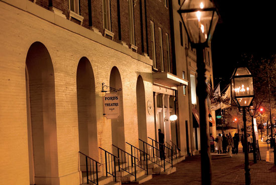 A view of Ford's Theatre from 10th St. NW at night (see B on the map). Taken at ISO 1600, f/2, 1/60 second with a 65mm lens.