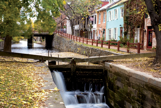 The C&O Canal in Georgetown at Thomas Jefferson St NW (see A on the map). Taken at ISO 100, f/22, 1/8 second with a 50mm lens and using a tripod.