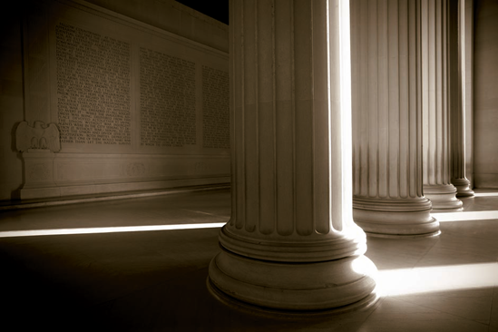 Explore all the angles when inside the Lincoln Memorial. Here the north wall is seen with the morning sun casting across it (see C on the map). Taken at ISO 500, f/5, 1/60 second with a 20mm lens.