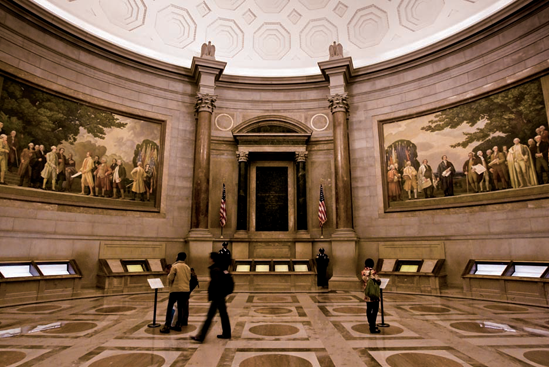 The Rotunda for the Charters of Freedom (see A on the map). Taken at ISO 3200, f/4, 1/10 second with a 20mm lens.