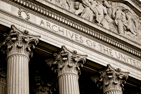 The pediment and columns of the north side of the National Archives Building (see B on the map). Taken at ISO 400, f/7.1, 1/250 second with a 100 mm lens.