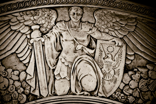 A detail of the floor in the Rotunda; figures here symbolize Legislation, Justice, History, War and Defense (see A on the map). Taken at ISO 3200, f/3.5, 1/15 second with a 50mm lens.