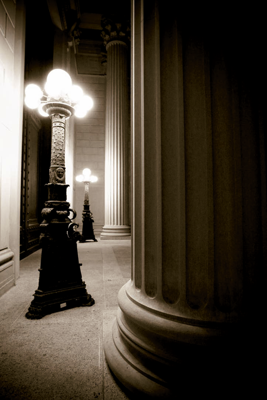 The south entrance of The National Archives at night. Taken at ISO 1250, f/2.8, 1/30 second with a 20mm lens.