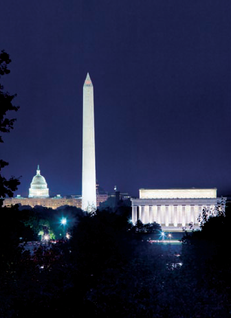 The view of the National Mall from just south of the U.S. Marine Corps War Memorial (see A on the map). Taken at ISO 320, f/10, 8 seconds with a 280mm lens mounted on a tripod.