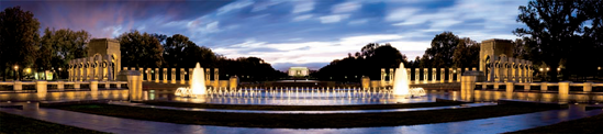 A panorama of the National World War II Memorial image using three separate frames (see A on the map). Taken at ISO 100, f/13, 30 seconds with a 50mm lens and a tripod.