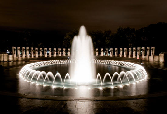 The view from across the Rainbow Pool at the World War II Memorial (see D on the map). Taken at ISO 200, f/18, 30 seconds with a 35mm lens and a tripod.