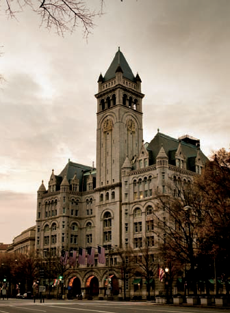 Another view of the Old Post Office, seen from the middle of the 1200 block of Pennsylvania NW (see B on the map). Taken at ISO 800, f/5, 1/60 second with a 50mm lens.