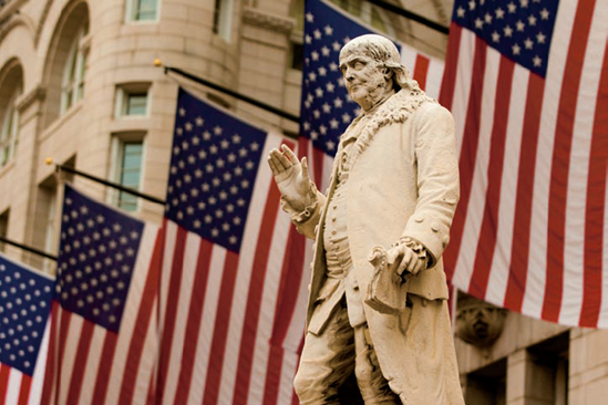 The statue of Benjamin Franklin in front of the Old Post Office (see C on the map). Taken at ISO 100, f/4, 1/100 second with a 130mm lens.