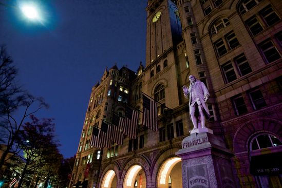 The front façade of the Old Post Office at night (see C on the map). Taken at ISO 3200, f/2.8, 1/15 second with a 20mm lens.