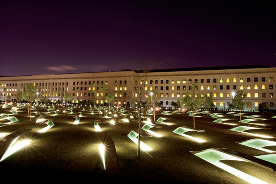 Viewing the Pentagon Memorial from the Age Wall on its west side (see B on the map). Taken at ISO 800, f/16, 30 seconds with a 28mm lens and a tripod.