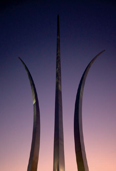 The Air Force Memorial photographed from its east side along S. Columbia Pike (see C on the map). Taken at ISO 1000, f/5.6, 1/30 second with a 35mm lens.