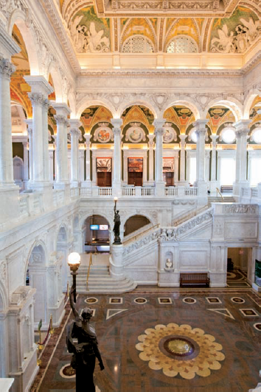 The Great Hall of The Library of Congress Thomas Jefferson Building photographed from the top of one of the two staircases (see B on the map). Taken at ISO 2000, f/4, 1/50 second with a 25mm lens.