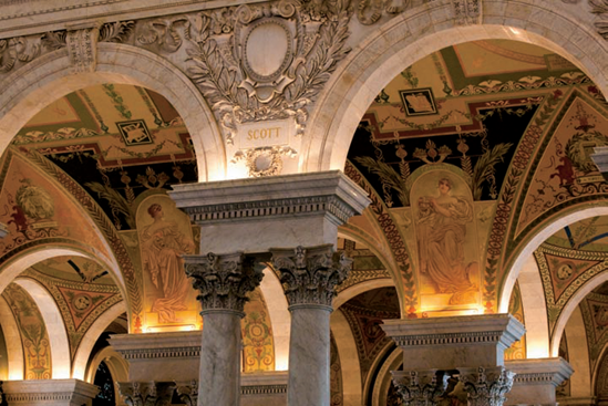 Detail of the ceiling within The Great Hall of The Library of Congress Thomas Jefferson Building (see B on the map). Taken at ISO 3200, f/4.5, 1/160 second with a 90mm lens.