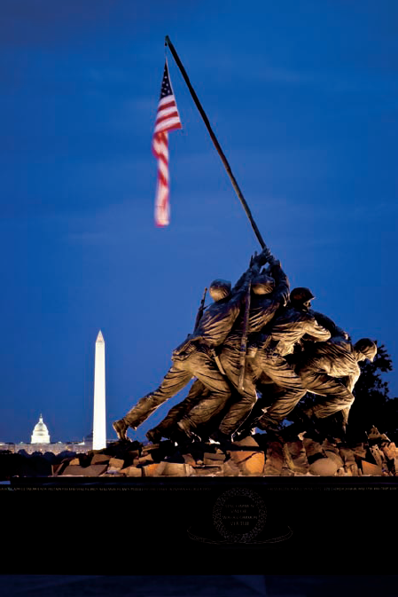 A view of the U.S. Marine Corps War Memorial on a cloudy evening (see A on the map). Taken at ISO 320, f/18, 30 seconds with a 150mm lens mounted on a tripod.