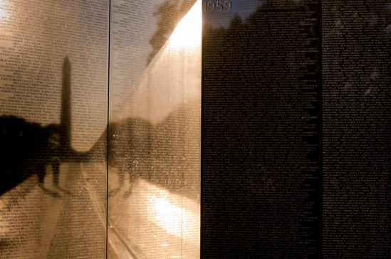 Viewing the intersection of the east and west walls of the memorial in the morning (see A on the map). Taken at ISO 400, f/11, 1/125 second with a 65mm lens.